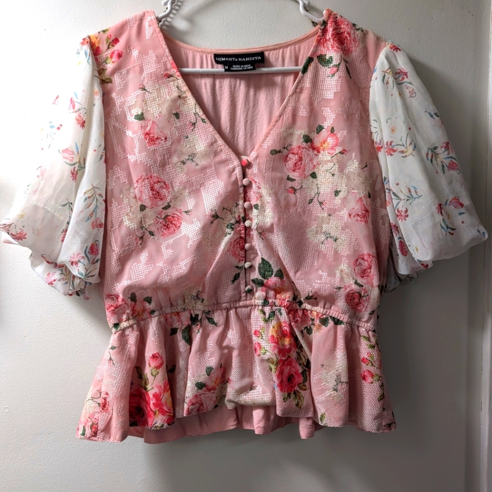 Hemant & Nandita Anthropologie Top Womens Rose Garden Floral Puff Sleeve M